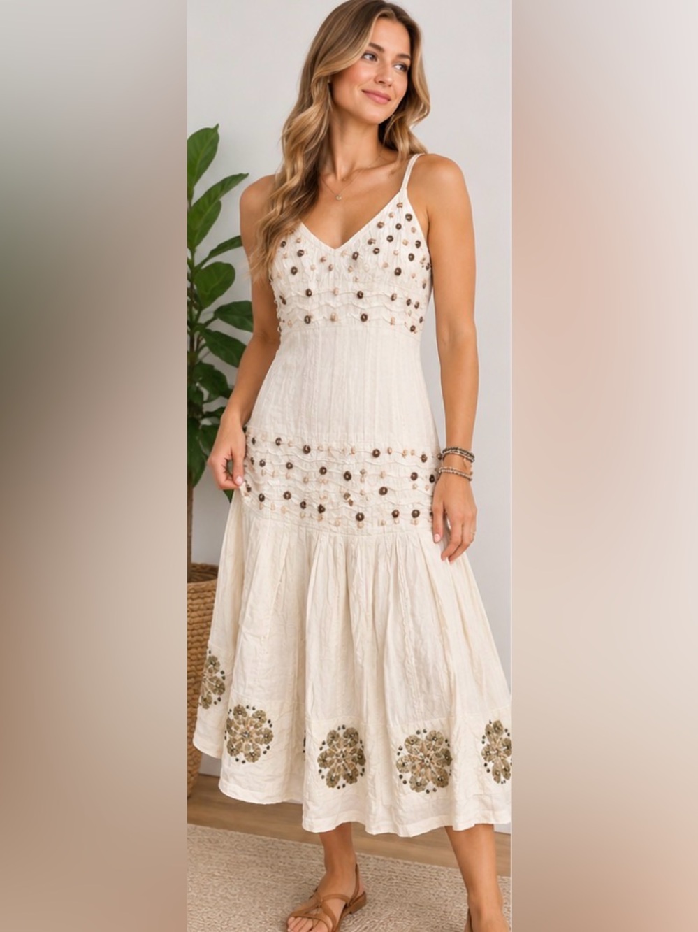 Chaudry KC Ivory Beaded Sequin Cotton Boho Midi Dress S Style 8971